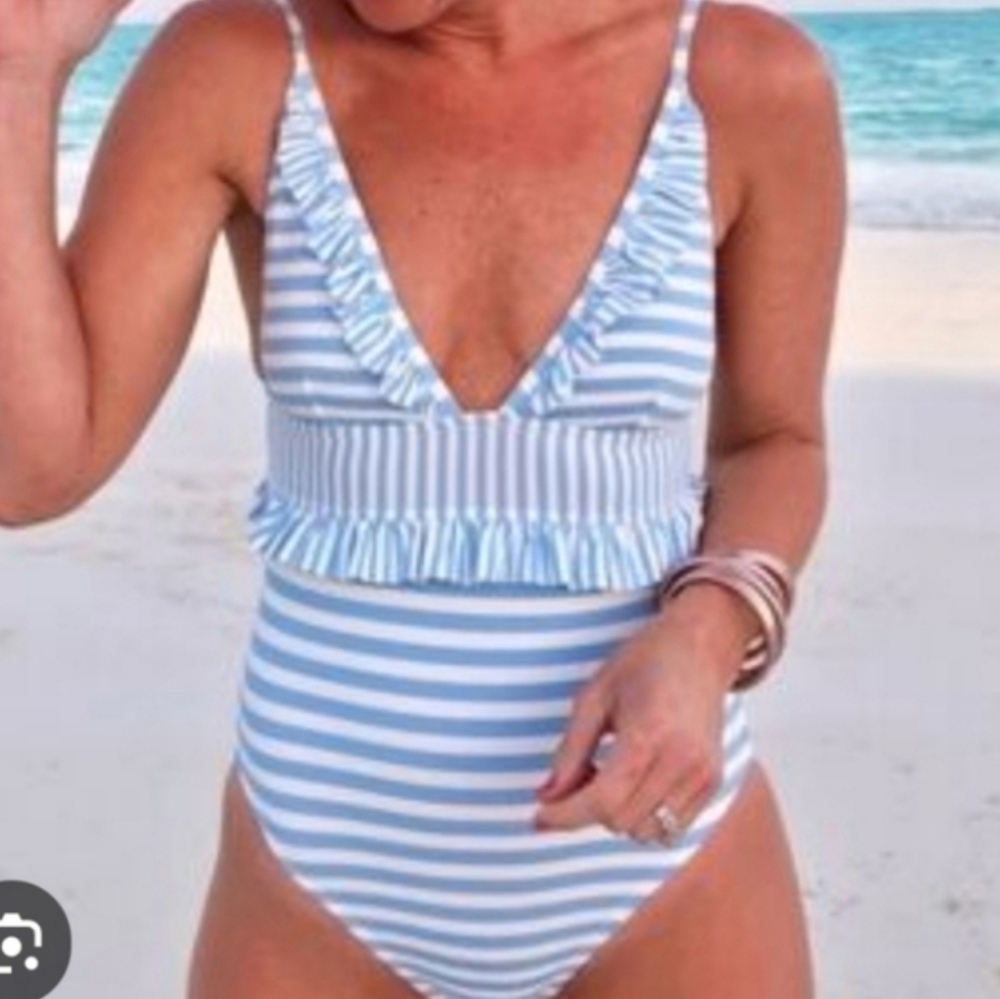 J. Crew Blue and White Striped Ruffle Plunge One Piece Swimsuit, SIZE 10